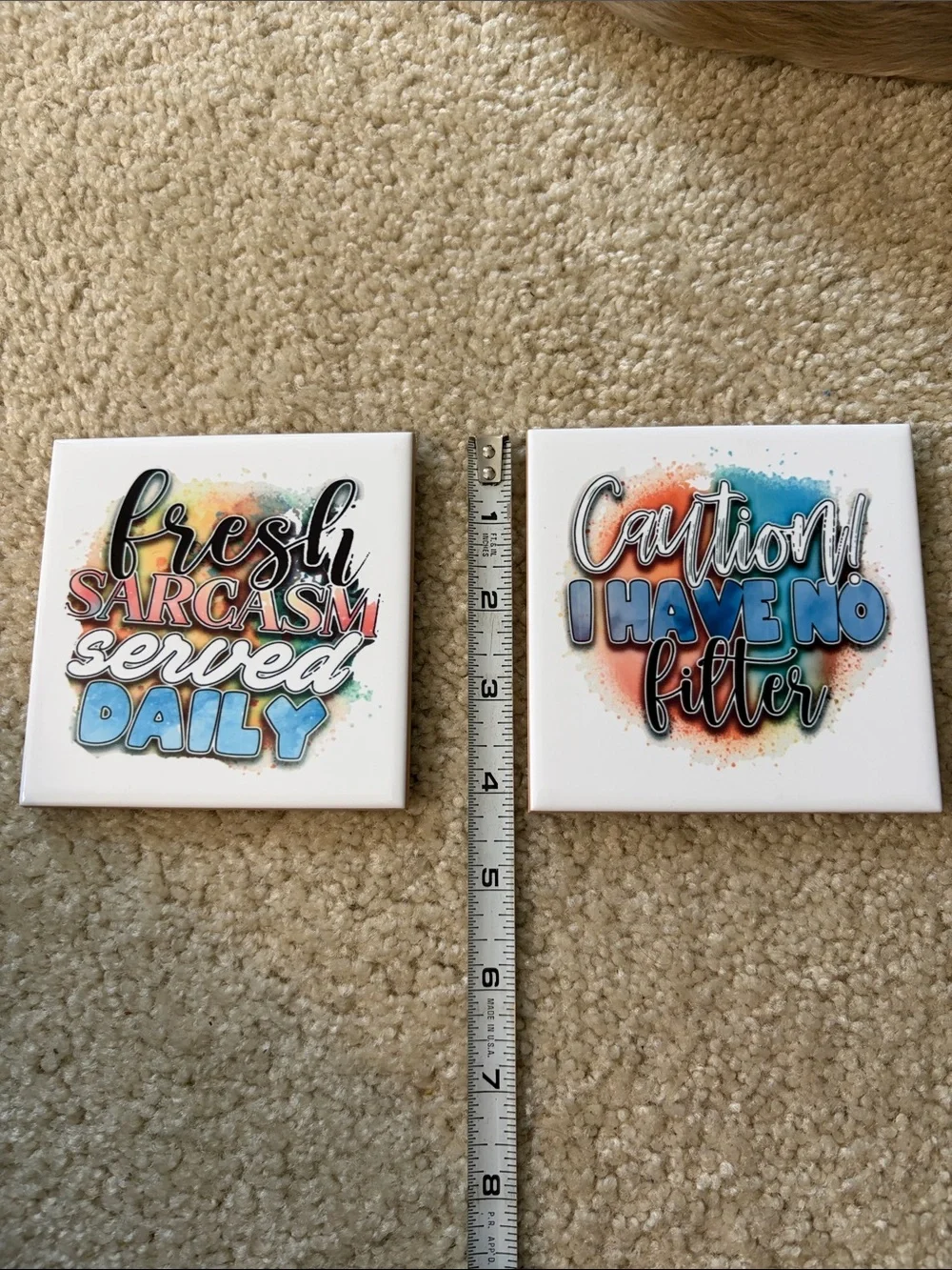 Set of 2 Humorous Ceramic Tile Coasters - Blue,Orange,Teal,White Accents - NWOT